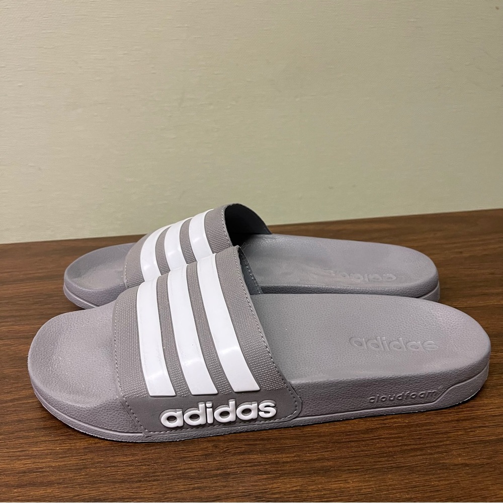 Adidas Cloudfoam Gray Slides with White Stripes